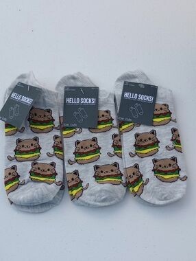 Women’s Low-Cut Gray Novelty Cat Cheeseburger Socks - 3 Pack Hello Socks